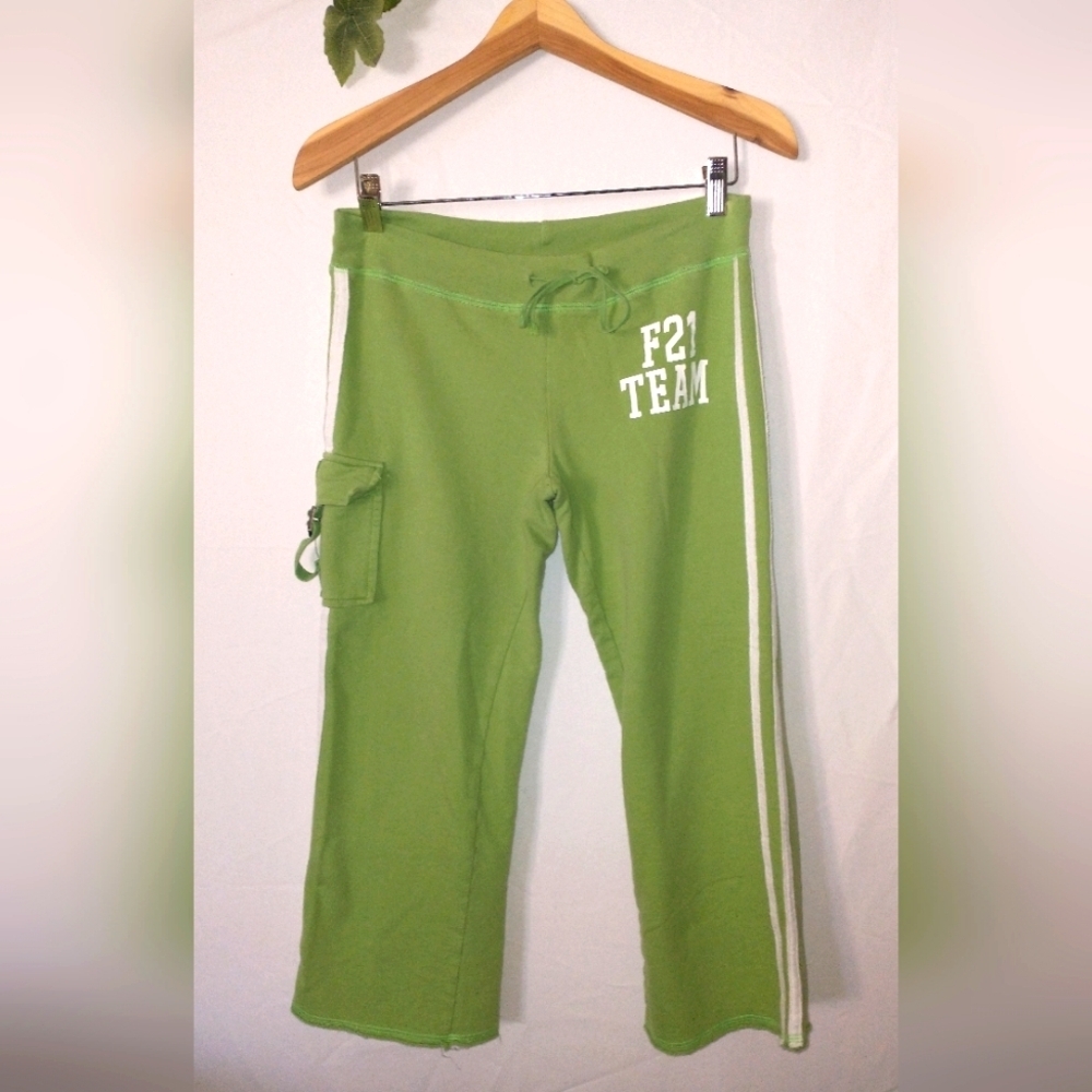 Y2K Vintage Green F21 Team Low Rise Cargo Sweatpants Side Stripes Medium